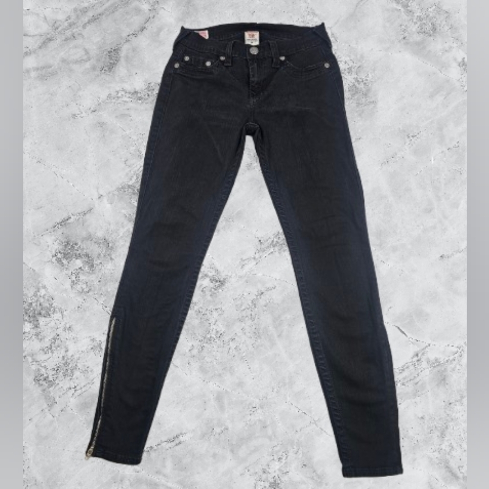 Vintage True Religion Made In USA Womens Black Denim Jeans With Ankle Zip